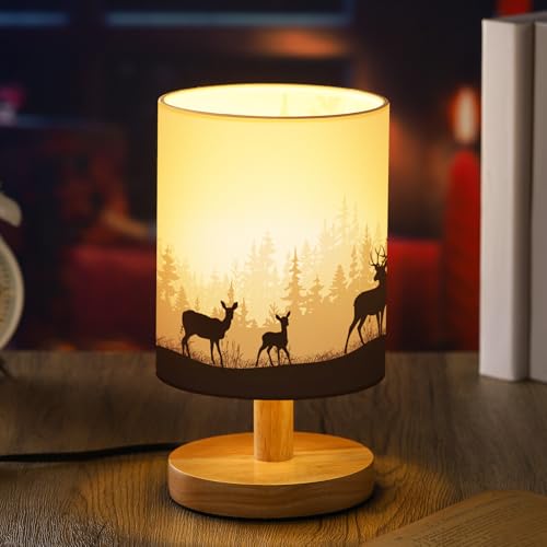 VIHOSE Woodland Deer Bedside Table Lamp Watercolor Winter Forest Tree Animal Deer Nightstand Lamp with Wood Base Fabric Lamp Shade Bedside Desk Lamp for Living Room Bedroom Kids Room Office - style: Watercolor Forest Deer
