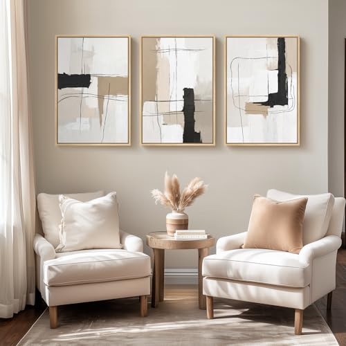 Framed Neutral Abstract Wall Art Set of 3, Modern Black and White Beige Canvas Prints Paintings Artwork for Walls, Minimalist Pictures for Bedroom, Living Room, Dining Room Wall Decor 16x24 In - color: Minimalist, size: 16" W x 24" H x 3pcs