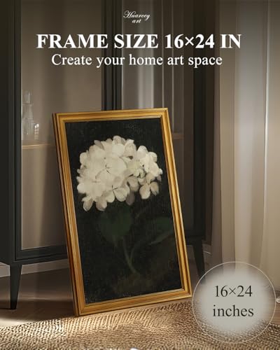 HUARCEY Gold Framed Vintage Wall Art for Living Room, Flowers Painting Canvas Prints Shelf Decor for Kitchen, Aesthetic Bedroom Wall Art, Christmas Gifts for Friends Family (White Hydrangea 16"x24") - color: White Hydrangea, size: 24"L x 16"W
