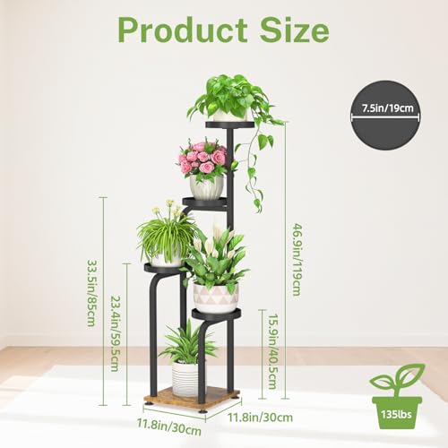 iDavosic.ly Tall Plant Stand Indoor, 4 Tier Corner Multiple Flower Holder Shelf with Metal Trays, Space Saving Display Rack for Living Room Balcony Patio Porch Outdoor | Black & Brown - color: Black