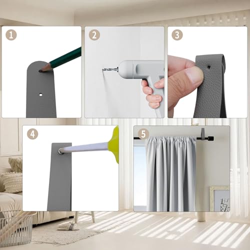 Curtain Rod Holders, 8 Pack Leather Curtain Rod Brackets with Screws,PU Curtain Rod Hangers,Leather Straps Hooks for Wall Pole Macrame Boho Art Décor, Gray - color: Gray
