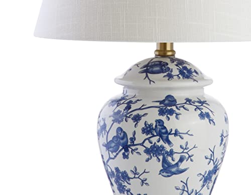 JONATHAN Y 22" Blue/White Ceramic Table Lamp, French Country Chinoiserie Ginger Jar LED Bedside Lamp for Living Room Bedroom, White Linen Shade, JYL3005A - color: Blue/White, size: Set of 1