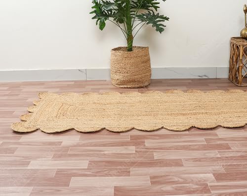 Hand Woven Natural Jute Scalloped Rug, Reversible Boho Entry Area Rugs for Kitchen, Living Room, Farmhouse Indoor Outdoor Decorative Floor-Rug, Bohemian Style Size 2x6 Ft - size: 2' x 6'