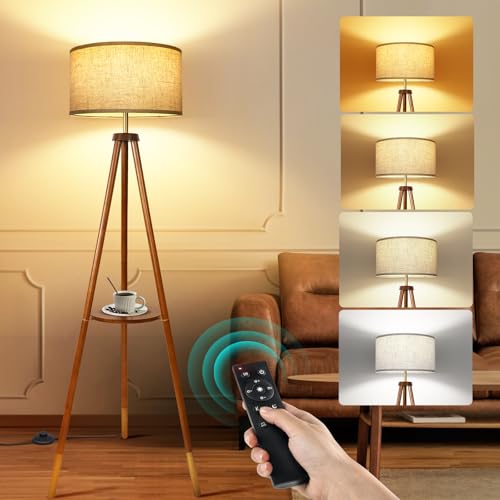 OUTON Wood Tripod Floor Lamp with Shelves, Mid Century Floor Lamp with Remote Control, 4 Color Temperature, LED Modern Dimmable Standing Lamp for Living Room, Bedroom, Office, Walnut & Gold - color: Walnut & Gold