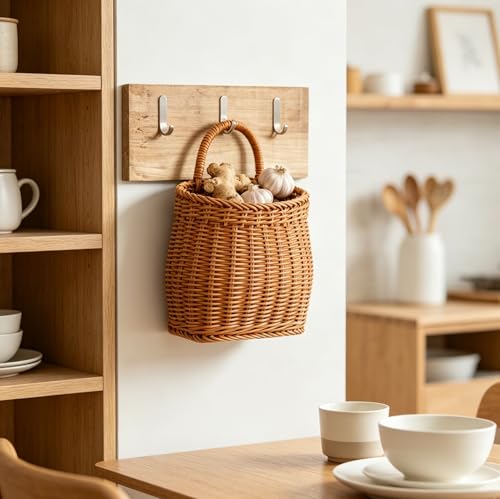 Imitation Rattan Woven Basket Wall Hanging Storage Organizer with Handle for Kitchen Herbs Fruits Vegetables and Home Decor 9.6X6.1X4.3 Inch