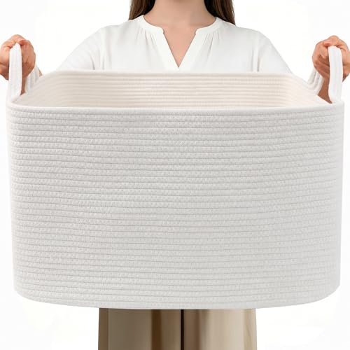 96L Large Blanket Basket,24"x16"x15"Rectangle Storage Bin with Handles,Woven Rope Laundry Basket for Toys, Clothes,Magazines,Home Organization,Nursery,Living Room & Bedroom,White - color: White, size: 24"x16"x15"(96L)