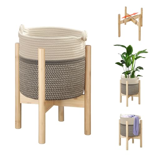 Flower Pot Rattan Plant Stand Planter with Stand, Tall Indoor Boho Woven Wicker Storage Basket with Adjustable Wood Shelf (White & Grey) - color: White & Grey