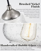 ELYONA 8 Inch Bubble Glass Pendant Light Industrial Kitchen Island Globe Hanging Pendant Light Fxiture Modern Hand Blown Seeded Glass for Farmhouse Dining Room Bar Bedroom Living Room Brushed Nickel - color: Brushed Nickel