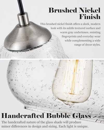 ELYONA 8 Inch Bubble Glass Pendant Light Industrial Kitchen Island Globe Hanging Pendant Light Fxiture Modern Hand Blown Seeded Glass for Farmhouse Dining Room Bar Bedroom Living Room Brushed Nickel - color: Brushed Nickel