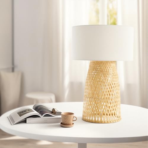 Boho Bamboo Table Lamp, Handwoven Bedside Lamp with Linen Shade, Small Natural Weave Nightstand Light for Living Room, Tea Room, Desk,White - color: White