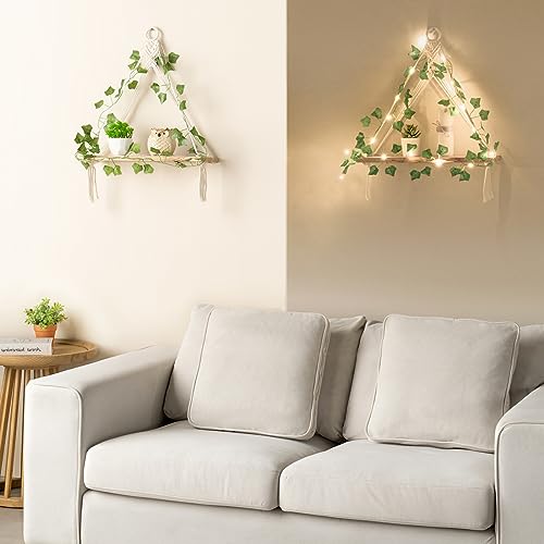 Mkono Artificial Ivy Macrame Hanging Shelves with Lights Set of 2 Boho Wall Decor Display Plants Photos Wood Floating Storage Shelf for Bedroom Bathroom Living Room Nursery Dorm Kitchen, White