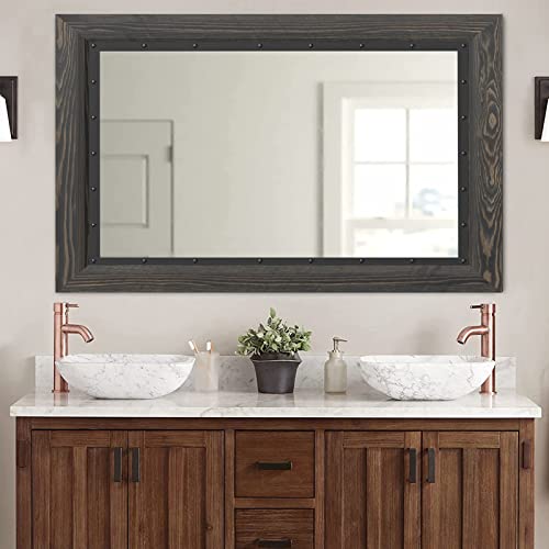 YOSHOOT Rustic Wooden Framed Wall Mirror, 30"x20", Natural Wood and Iron Bathroom Vanity Mirror for Farmhouse Decor, Vertical or Horizontal Hanging - color: Ebony, size: 30"L x 20"W