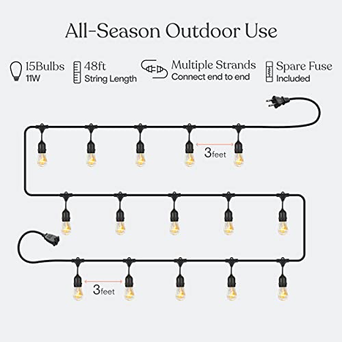 Brightech Ambience Pro Incandescent Outdoor String Lights - Commercial Grade Waterproof Patio Lights with 48 Ft Dimmable Edison Bulbs, Porch String Lights for Patio, Backyard - 15 Bulbs 11W - size: 48 FT - 15 Bulbs