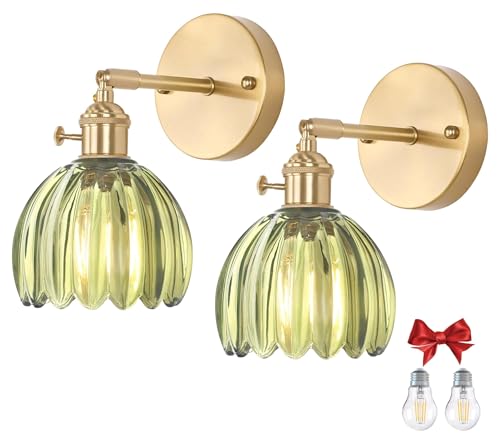 2 Pack Vintage Wall Sconces, Green Tulip Glass Shade Wall Lamp with 2 Natural Light Bulbs, Hardwired Design with Rotary Switch, Decorative Light for Bedroom Hallway Living Room - color: Green 2pcsTulip Wall Light