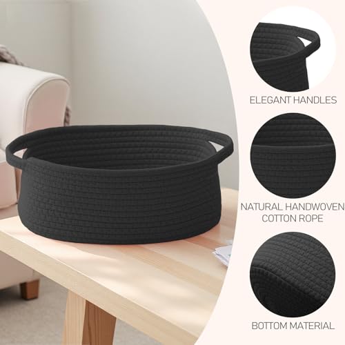 JMvicyroam Woven Basket,Small Rope Storage Bin with Handles & Ribbon Bag, Organizer for Shelves Closets,Gift Basket Empty for Birthday,Books,Dog Toys, Black - color: Black, size: 1 Pack