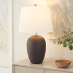 Nourison Home 23" Dark Purple Distressed Ceramic Pot Table Lamp for Bedroom, Living Room, Dining, Office, with White Shade - color: Dark Purple, size: 1 Lamp - Drum Shade