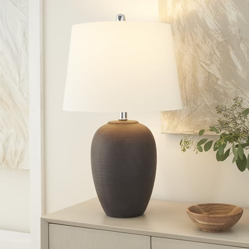 Nourison Home 23" Dark Purple Distressed Ceramic Pot Table Lamp for Bedroom, Living Room, Dining, Office, with White Shade - color: Dark Purple, size: 1 Lamp - Drum Shade