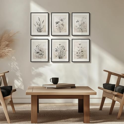 Framed Boho Vintage Botanical Wall Art, Set of 6 Black and White Floral Canvas Painting Prints with Mat for Farmhouse Living Room, Neutral Rustic Flower Artwork for Kitchen Bedroom Home Decor, 11x14 - color: Black Floral - Black Framed, size: 11" W x 14"