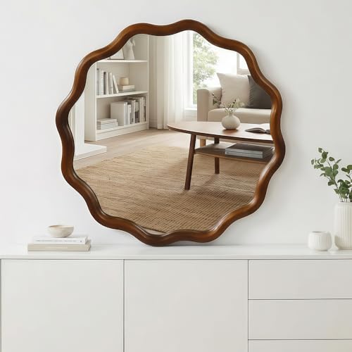 30" Wavy Round Wall Mirror with Solid Wood Frame, Country Irregular Decorative Mirror for Bathroom, Bedroom, Living Room & Entryway, HD Tempered Glass, No Distortion Vanity Mirror (Walnut, 30") - color: Walnut, size: 30"L x 30"W
