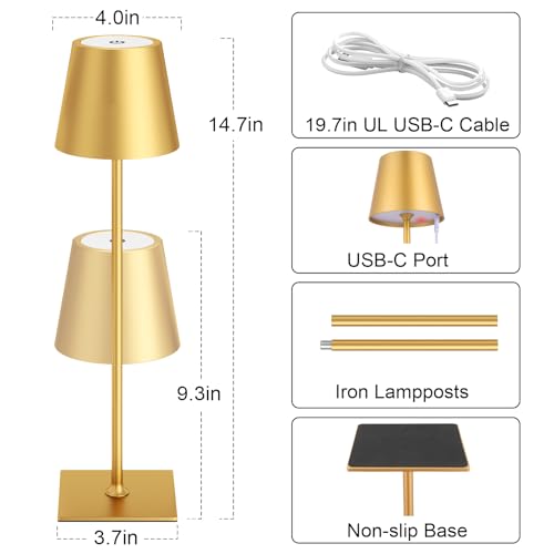 Kakanuo Gold Cordless Rechargeable Table Lamp 5000mAh Battery Operated Lamps, 3 Colors Stepless Dimming Touch Lamp for Living Room, Kitchen Counter, Dining, Outdoor Patio, 2 Pack - color: Gold 1, size: 2 Pack 14in - Up and Down Light