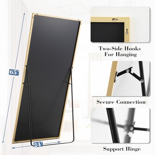 DUMOS 24"x65" Full Length Mirror with Stand, Floor Standing Aluminum Frame, Shatter-Proof Nano Glass for Bedroom, Living Room, Cloakroom – Modern Simple Home Decor,Can Be Hanging or Leaning, Gold - color: Rect-gold, size: 65"L x 24"W