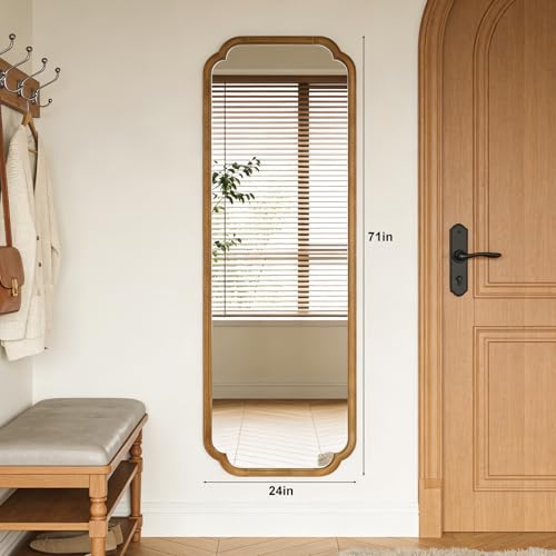 HOMECOOKIN Full Length Mirror Wall Mounted, Rustic Wooden Frame Floor Mirror, Rounded Corner Large Full Body Mirror for Bedroom,Dressing Room， Leaning or Hanging Against Wall (Natural, 71" L x 24" W) - color: Natural, size: 71"L x 24"W