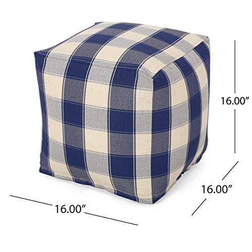 GDFStudio Modern Fabric Checkered Cube Pouf Ottoman Foot Stool - Bean Bag Floor Chair - Foot Rest Couch for Living Room Bedroom,Ivory and Navy Blue,16"" x 16"" x 16"", 313655N - color: Ivory+navy, size: 16"
