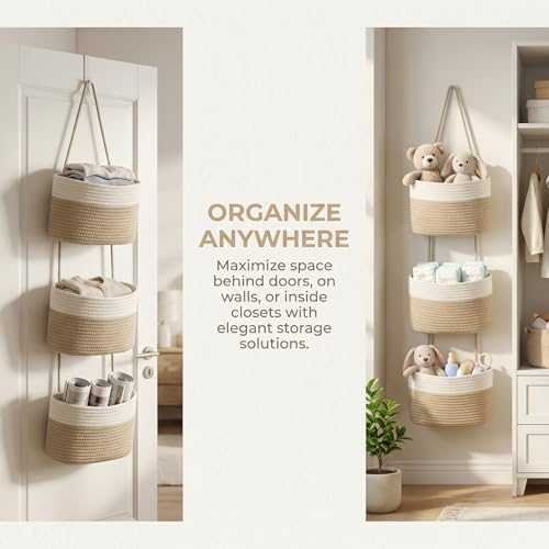 3-Tier Woven Cotton Rope Hanging Basket, Over the Door Organizer, Adjustable Detachable Wall Basket with Metal & Adhesive Hooks, No Drilling for Living Room, Nursery and Boho Bedroom Decor - style: White&Jute