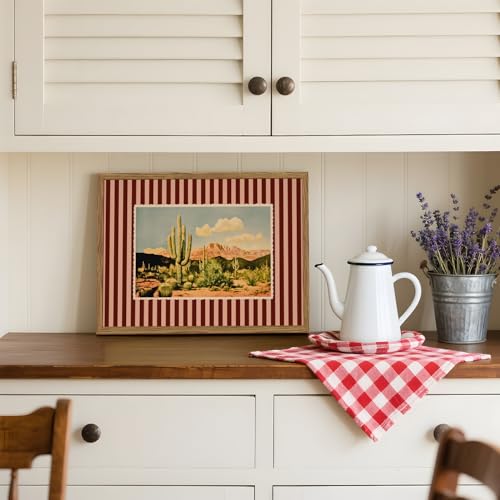 Framed Vintage Western Nature Landscape Wall Art Set of 3, Striped Postcards Southwest Desert Cactus Pictures Wall Decor Paintings, Boho Plant Canvas Prints for Living Room Bedroom Office 12x16 inch - color: Vintage Striped, size: 16L" x 12W"