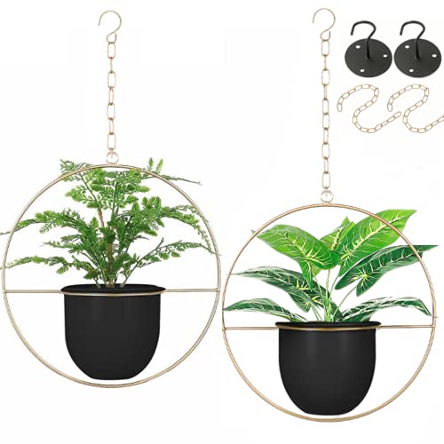 2 Pack Hanging Planters for Indoor Plants with 5.5" Pot + Ceiling Hook + Extender Chain | Hanging Plant Holder, Metal Minimalist Planter, NO Plant incld - color: Black & Gold