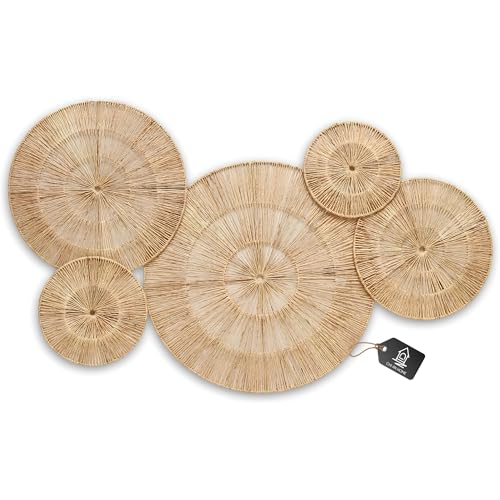 CHI AN HOME 18 Inch Boho Wall Decor – Set of 5 Woven Jute Wall Baskets, Boho Wall Art & Decorative Basket Set, Farmhouse Wall Hanging, Handwoven Wall Plates for Living Room, Bedroom – 18", 14", 11", 8", 7" - size: Set of 5 - Large