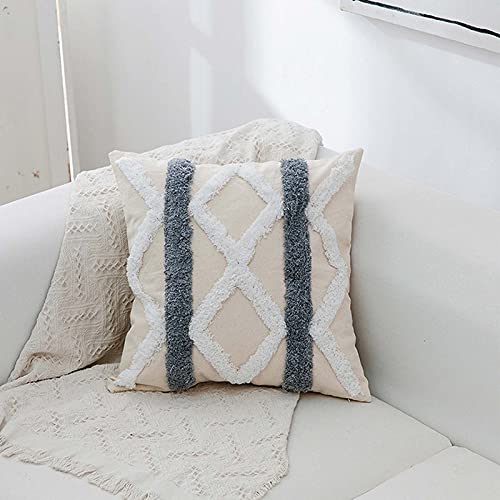 Woven Tufted Boho Cushion Cover Set of 2 Geometric Diamond Square Decorative Throw Pillow Cover for Couch Sofa Bedroom Living Room, Oblong Pillowcase (Square A, 18 x 18 inch) - color: Square a, size: 18" x 18" (Pack of 2)