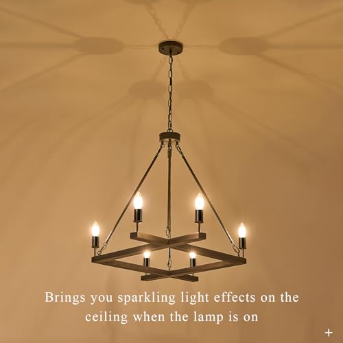 Rustic Black Farmhouse L45'' Wood Chandelier Unique Square 6-Light Candle Long Ceiling Pendant Lighting for Kitchen Living Dining Room Foyer Bedroom High Ceiling,E12 - color: Black, size: 45 inches