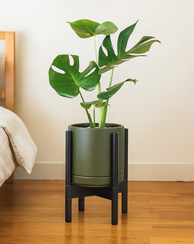 D'vine Dev Ceramic Planter with Ebony Stand - 8 Inch Modern Round Flower Pot with Wood Planter Holder, Olive, 55-B-M-J - color: Olive Pot + Ebony Stand, size: 8 Inch