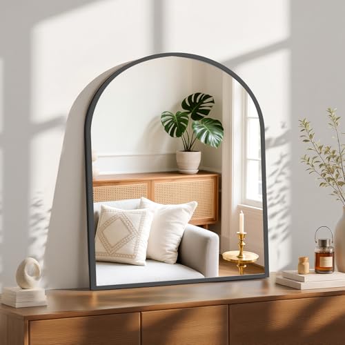 Sweetcrispy 31"x32" Arched Black Bathroom Mirrors for Wall, Bathroom Mirrors for Over Sink, Metal Framed with HD Shatter-Proof Glass for Entryway, Living Room, Bedroom - color: Black, size: 31"L x 32"W