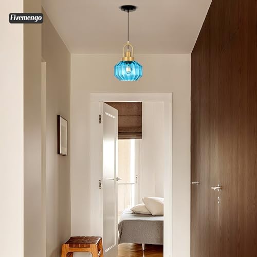 9in Mid Century Modern Pendant Light, Gold and Small Blue Glass | Vintage Lighting Fixture Ceiling Hanging Lamp for Kitchen Island Foyer Dining Room Bedroom Entryway Hallway Over Sink Table - color: Blue & Gold Hardwire, size: 9in