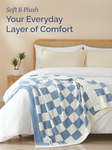 Super Soft Throw Blanket - Checkered Blanket for Couch, Bed, Sofa, Chair - Lightweight Warm Double Sided Knit - All Season Cozy, Fuzzy, Anti-Static Microplush Blanket for Women - 50x60 (Blue/Cream) - color: 05 - Checkered Dusty Blue/Cream
