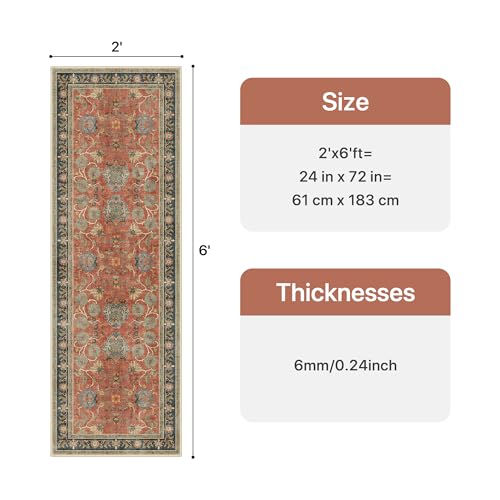 Bavni 2x6 Washable Runner Rug Non Slip, Vintage Distressed Hallway Runner, Low Pile Coral Red Blue Carpet Stain Resistant, Accent Kitchen Runner Floral Rugs for Entryway, Bedroom, Nursery, Laundry - color: Coral Blue, size: 2' x 6' (Rectangular)