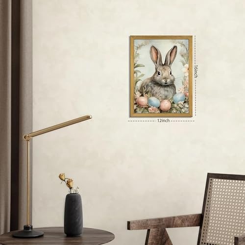 Easter Bunny Wall Art, Vintage Rabbit Canvas Wall Decor, Easter Eggs Poster Print Picture, Spring Farmhouse Animal Painting for Living Room Bedroom Kitchen Holiday Home Decor 12x16 Inch Wood Framed - color: Easter Bunny A, size: 16"L x 12"W