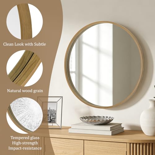WallBeyond Round Mirror with Wood Frame, 28" Circle Modern Decoration Large Home Decor Mirror for Bathroom Living Room Bedroom Entryway (28" Diameter, Natural Wood) - color: Natural, size: 28"L x 28"W