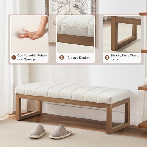 Zihanhome 52.7" Bedroom Bench for End of Bed, Modern Upholstered Teddy Fabric Entryway Bench & Dining Bench, Footrest Stool Bench with Solid Wood Frame for Bedroom, Living Room (Beige) - color: Beige