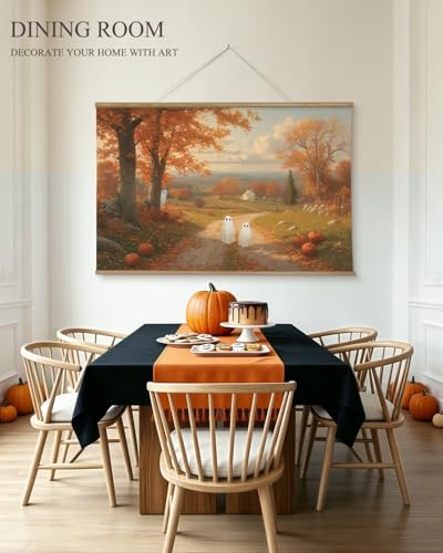 ARPEOTCY Extra Large Vintage Framed Wall Art, 36x54 Inch Halloween Wall Art Canvas, Vintage Autumn Landscape with Cute Ghosts and Pumpkins, Large Farmhouse Fall Wall Decor for Living Room Fireplace Entryway - color: Autumn Ghosts