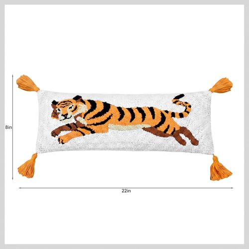 Beeveer Tiger Hooked Wool Pillow 8 x 22 Inch Tiger Fringe Lumbar Throw Decorative Animal Needlepoint Pillow with Zipper Embroidery Tufting Silver Thread for Home Couch Sofa Bedroom Living Room - color: Tiger, size: 8 x 22 Inch