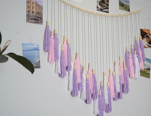 Pink & Purple Macrame Hanging Boho Wall décor, Purple Wall Decor for Bedroom Living Room Girls Room Nursery Large Tassel Hanging with Wood Beads 41" W x 32" H - color: Purple, White, Pink