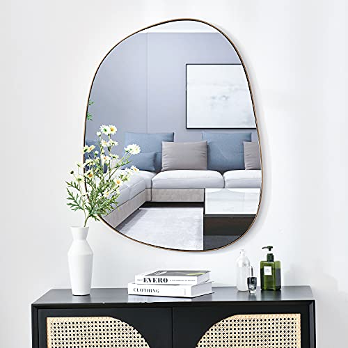 ELEHUME Asymmetrical Mirror for Wall Decor 27"*35", Modern Brass Framed Wall Mirror for Living Room Bathroom Bedroom Entryway ELE-STOU-0063G - color: Brass, size: 35"L x 27"W