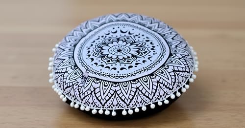 ICC 32 Inch Floor Pillows & Cushion Covers, Decorative Hippie Mandala Pouf Pillow Cover Bohemian Seating Meditation Cushion Cover, Large Boho Ottoman Case Pillowcase for Couch Round (Black Flower) - size: 32" x 32" (Pack of 1), style: Black Flower