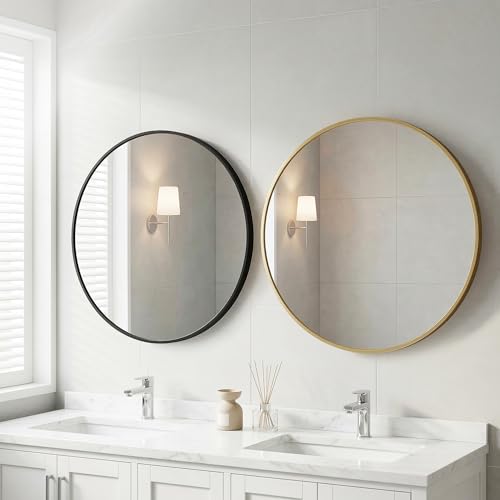 OLIXIS 28 Inch Black Round Bathroom Wall Mirror, Round Bathroom Mirrors for Over Sink, Circle Mirror with Tempered Glass for Home Decor, Entryway, Bedroom, Vanity, Shatterproof& Crystal-Clear - color: Black-round, size: 28"L x 28"W
