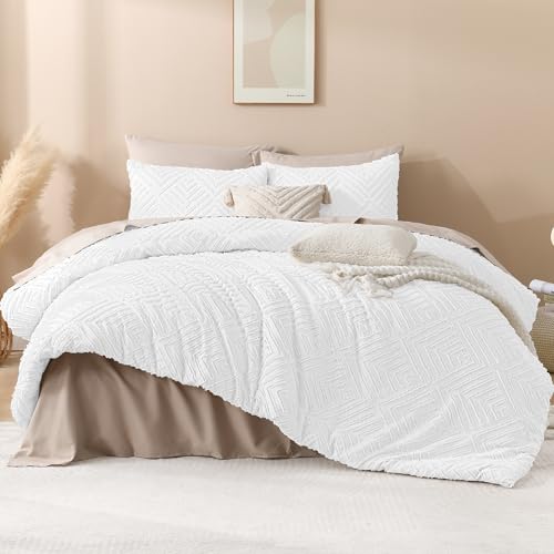 Andency White Comforter Full Size, 3 Pieces Boho Lightweight Fluffy Bedding Comforter Set for Full Bed, Tufted Farmhouse Design Bed Set for All Seasons (1 Comforter 79x90In, 2 Pillowcases) - color: 02 - White, size: Full (79"x90")