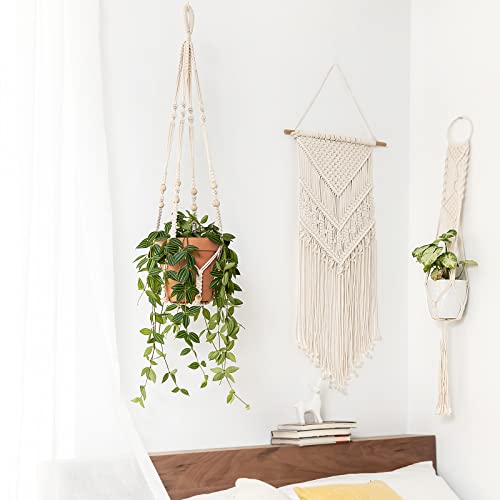Mkono Macrame Plant Hanger Indoor Hanging Planter Basket with Wood Beads Decorative Flower Pot Holder No Tassels for Indoor Outdoor Boho Home Decor 35 Inch, Ivory, Set of 1 (POTS NOT Included) - color: Ivory
