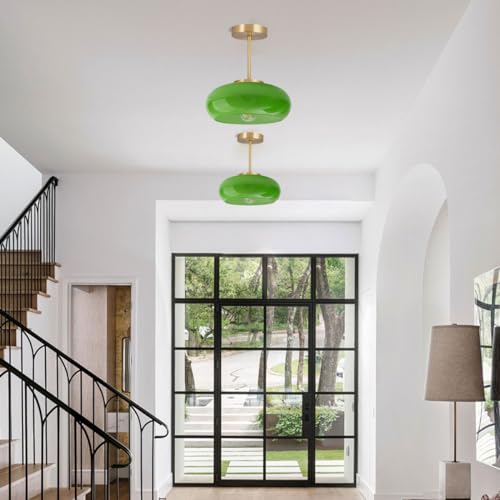 Green Glass Ceiling Light - Mid Century Modern Semi Flush Mount with Green Dome Glass Shade and Gold Brass Finish - Vintage Hallway Light Fixture Hallway Dining Room Kitchen Sink - color: Green